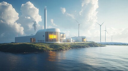 Obraz premium Clean Energy Power Plant with Wind Turbines and Solar Panels Against Clear Sky for Copy Space
