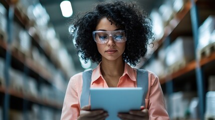 A female warehouse employee, equipped with protective glasses and a tablet, carefully inspects stock in a storage aisle, showcasing diligence in her professional duties.