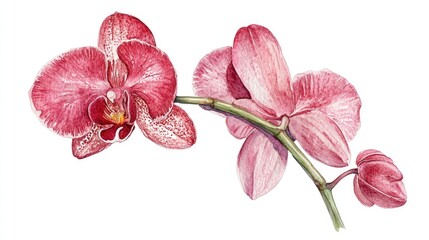 Realistic watercolor illustration of a high detail pink orchid in profile view