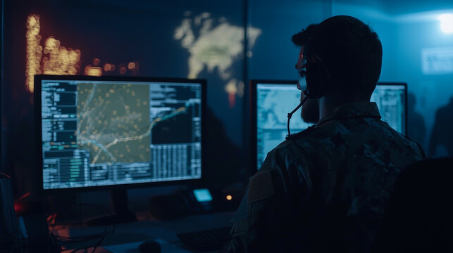 Military command center managing real-time strategic operations with advanced technology
