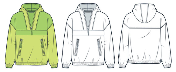 Half Zip Hoodie technical fashion illustration. Hooded Jacket fashion flat technical drawing template, pockets, oversize, front and back view, white, yellow, women, men, unisex CAD mockup set. © Liubov Hladka