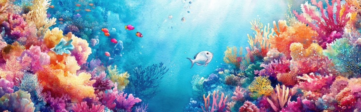 Vibrant underwater scene featuring a colorful coral reef and silver moonfish Watercolor illustration on a white background