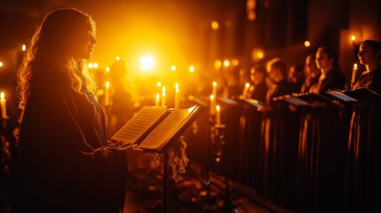 Choir performance with candlelight during a Christmas service at a church