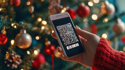 Hand holding smartphone with QR code in front of decorated Christmas tree