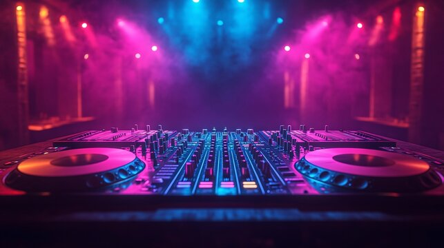 Illuminated DJ Booth in Nightclub with Colorful Stage Lights and Copy Space Background