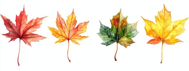 Variety of watercolor maple leaves on a white background