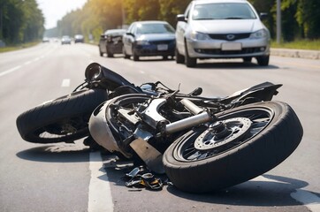The motorcycle had an accident on the highway. A broken motorcycle is lying on the road.