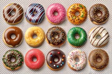 Assorted donuts with various toppings on a gray background, top view