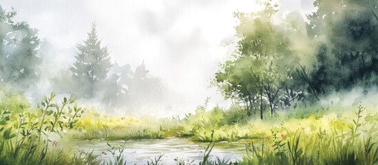 Watercolor depiction of a lush early summer scenery