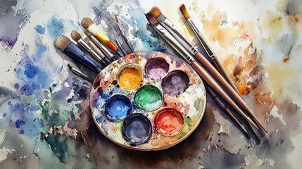 Fototapeta premium Watercolor artwork depicting an artist s palette accompanied by brushes and blended colors