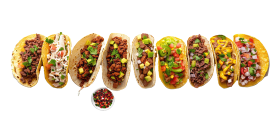 Set of isolated Mexican taco made with various ingredients on transparent background. cut flower elements, garden themed designs. Top view high quality PNG." design elements, top view / flat lay.