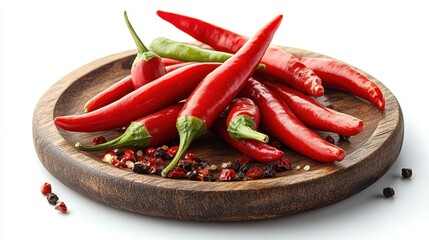 Red and Green Chili Peppers on Wooden Board Against White Background - High-Resolution Photography

