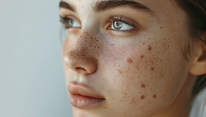 Fototapeta premium Allergy concept. Young woman with pimples on her face, closeup