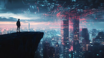 Silhouette of a man standing on a cliff overlooking a futuristic city with digital grids in the sky