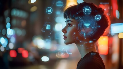 Woman with short hair and a digital interface surrounding her face in a futuristic cityscape