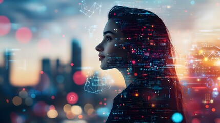Woman in a futuristic city with digital elements integrated into her profile