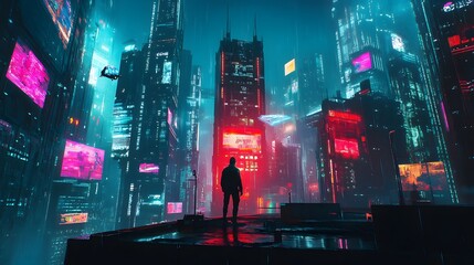 Woman standing on a hilltop overlooking a futuristic city with digital networks in the sky