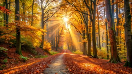 Fototapeta premium Autumn forest with a trail covered in fallen leaves and sunlight streaming through