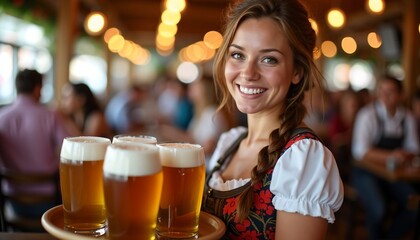 Happy female waitress in traditional drindl holding beer mugs oktoberfest festival