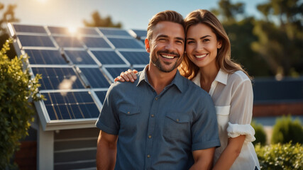 The concept of green energy. Happy family walking and having fun in solar panel field. Green energy