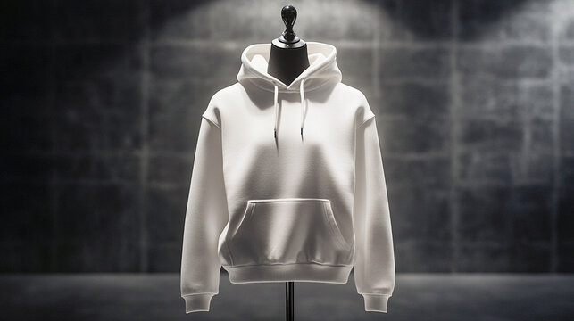 Sudadera blanca con capucha exhibida en estudio de fotograf&iacute;a con fondo oscuro, ideal para presentaciones de moda minimalista y campa&ntilde;as de branding enfocados en la simplicidad y estilo urbano