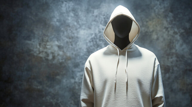 Sudadera blanca con capucha exhibida en maniqu&iacute; sin rostro en un ambiente de estudio con fondo oscuro, resaltando el estilo minimalista y la versatilidad de la prenda para moda urbana y presentaciones
