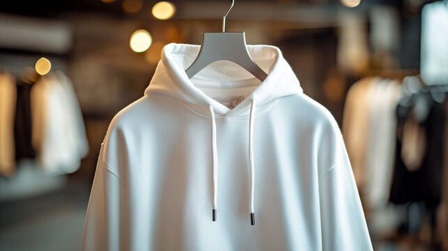 Sudadera blanca con capucha en exhibici&oacute;n en tienda de ropa, ideal para personalizaci&oacute;n y branding en moda casual urbana