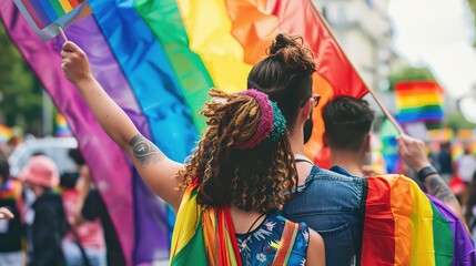 A couple stands with pride flags at a parade. They are surrounded by other people. The woman is holding a small pride flag.