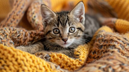 Adorable kitten resting on cozy knitted blanket