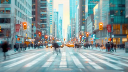 Obraz premium Blurred motion of busy urban street at dusk with skyscrapers and traffic in background