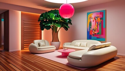 Modern Living Room Design, Armchair, Blue Dresser, Ficus Tree, Jalousie Cabinet, Cartoon Illustration