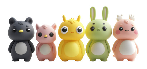 cute animal toy figures in a row isolated png transparent background