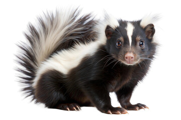 A playful skunk stands confidently with its fluffy tail raised, showcasing its striking black and white fur isolated on transparent background