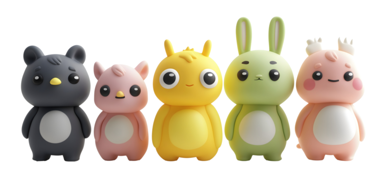 cute animal toy figures in a row isolated png transparent background - Powered by Adobe