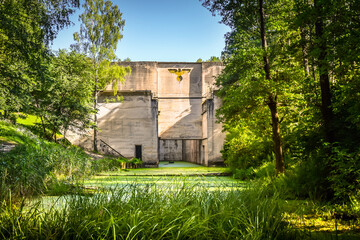 Unfinished, concrete Leśniewo G&oacute;rne lock, part of the Masurian Canal built during World War II, Warmian-Masurian Voivodeship, Poland.