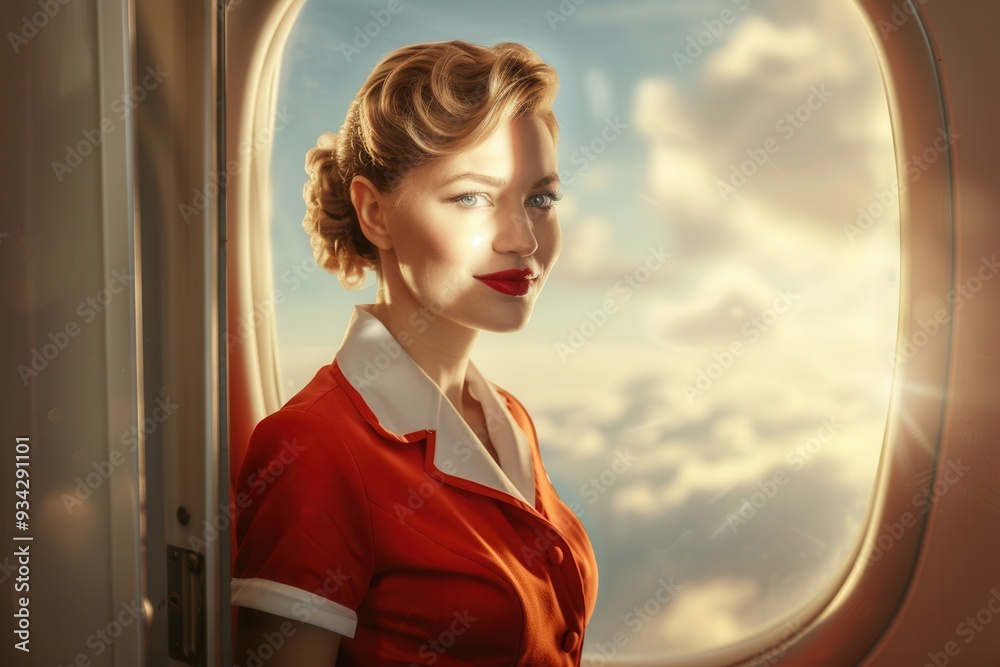 Poster a flight attendant smiles brightly while standing by the airplane window, with sunlight illuminating