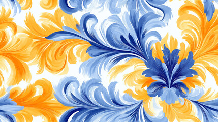 Fototapeta premium Floral-inspired seamless pattern with swirling orange and blue elements on a light background, combining vibrant colors with a dynamic composition.