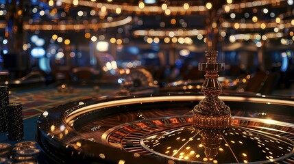 Close-up of a gold roulette wheel with numbers and a spinning ball, with a blurred background of lights.