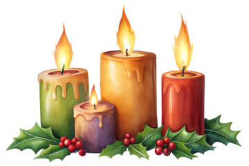 Colorful candles with flames and festive holly displayed in a cozy arrangement suitable for holiday decorations during winter celebrations isolated on transparent background