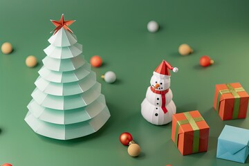 3D isometric photography, a cute paper Christmas tree and snowman side by side on the left side of the image, small colorful gift boxes on a green background Generative AI