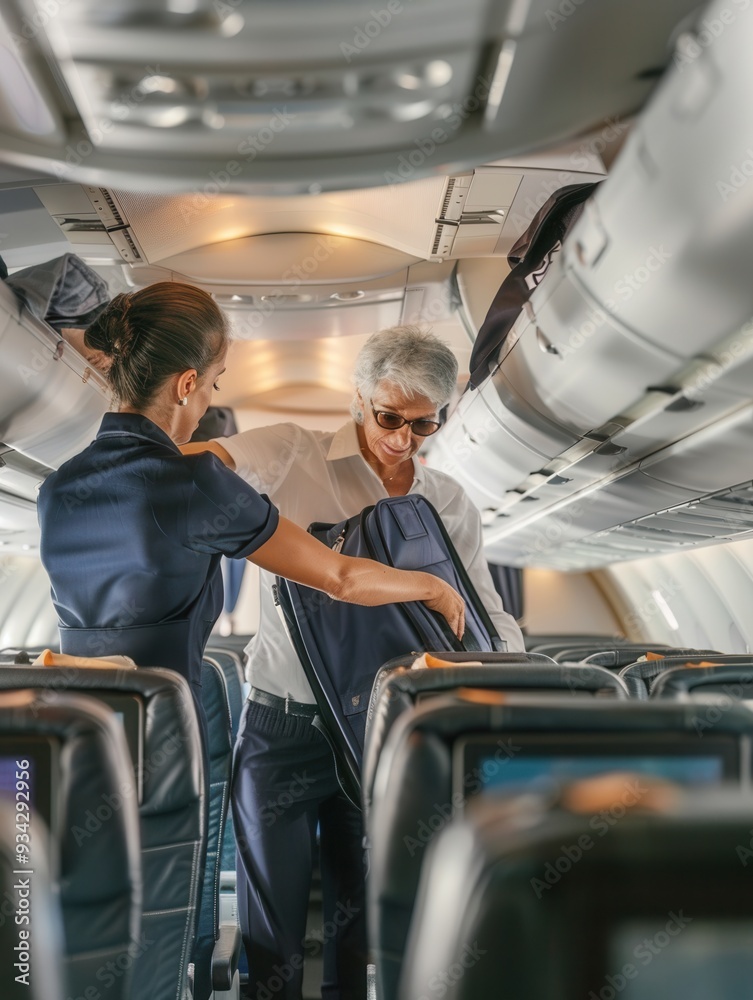 Aufkleber Flight attendants help a passenger store luggage in an overhead bin while ensuring a smooth boarding experience on a busy aircraft. Generative AI