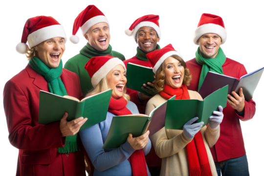 A joyful group of six people wearing Santa hats and festive attire singing carols together during a holiday celebration indoors isolated on transparent background - Powered by Adobe
