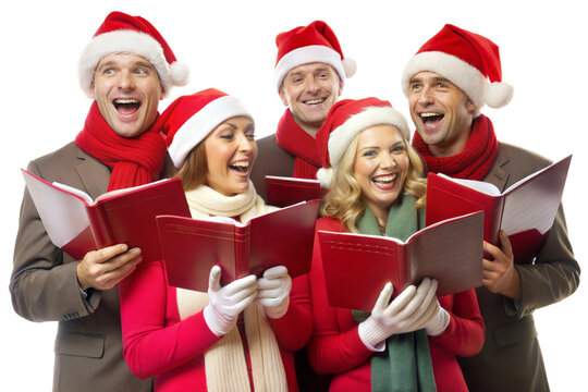A group of five festive carolers wearing Santa hats and cozy scarves joyfully singing together during a holiday celebration with songbooks in hand isolated on transparent background