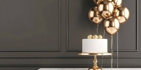 Sophisticated golden balloons alongside a minimalist birthday cake to mark the coming of age celebration.