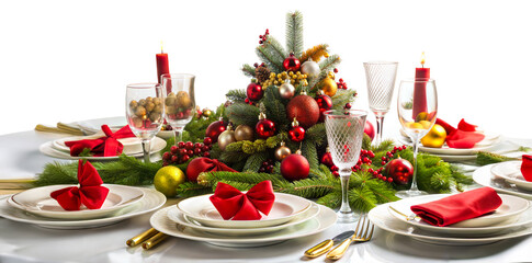 A beautifully arranged festive table setting featuring a decorative centerpiece with red and gold ornaments isolated on transparent background