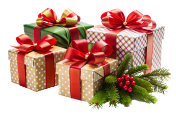 Colorful wrapped gifts with bows arranged on a table alongside pine branches and berries, perfect for a festive holiday celebration isolated on transparent background