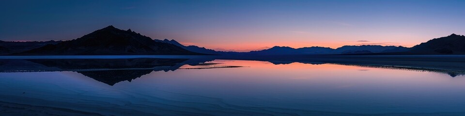 Fototapeta premium Tranquil Twilight Sky Gradient Above Mirrored Salt Flat with Mountain Silhouettes