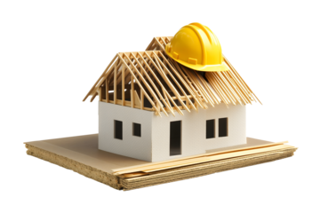 small model house under construction with yellow hard hat isolated png transparent background