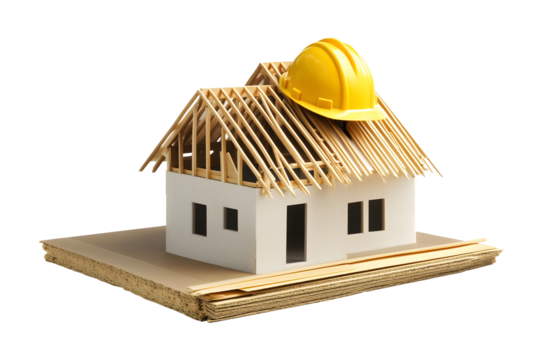 small model house under construction with yellow hard hat isolated png transparent background