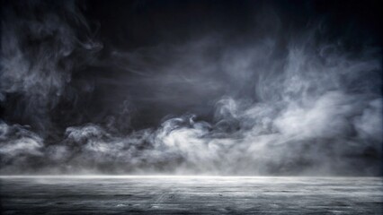Fototapeta premium White smoke or fog flowing across the floor creates a mysterious and ethereal atmosphere. This effect is perfect for enhancing the ambiance of theatrical productions, photo shoots, or special events